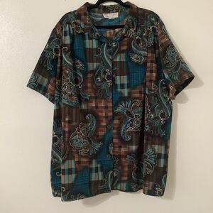 Vintage 90s Western Cowboy Paisley Plaid Patchwork Button Up Top 3X Casual Fall